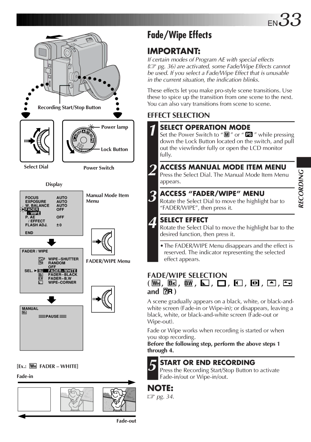 JVC LYT0291-001B manual Fade/Wipe Effects, Effect Selection, FADE/WIPE Selection 