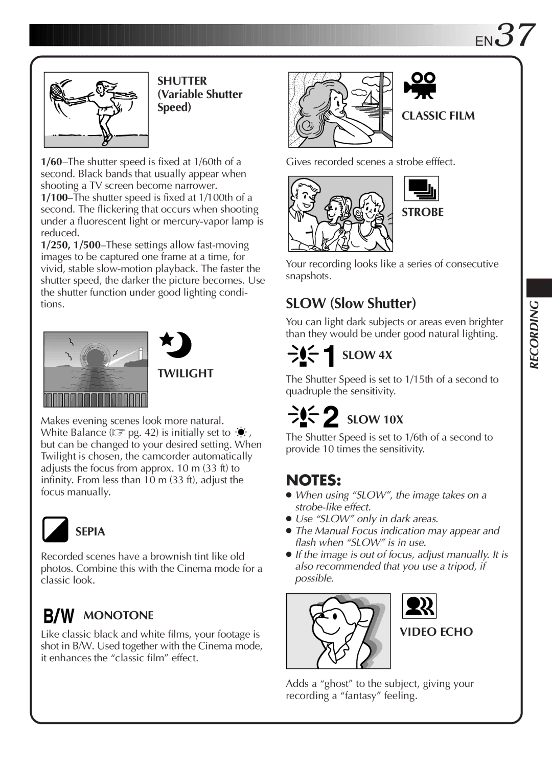 JVC LYT0291-001B manual Shutter, Classic Film, Twilight, Sepia, Strobe, Slow, Monotone, Video Echo 