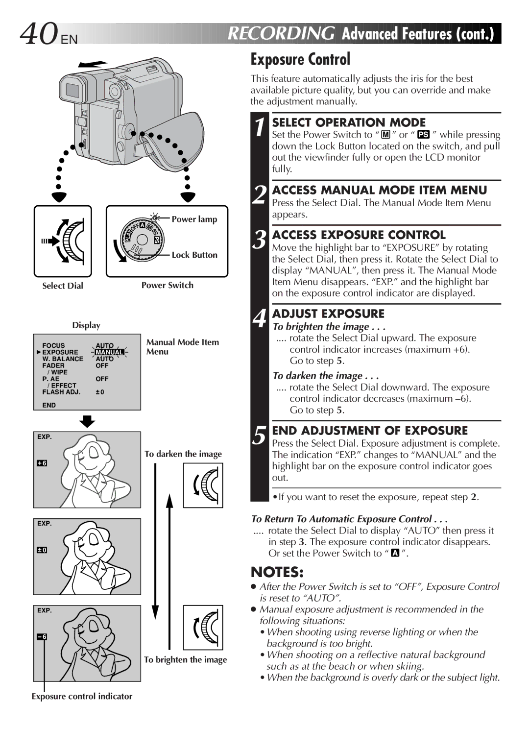 JVC LYT0291-001B manual Access Exposure Control, To darken the image, If you want to reset the exposure, repeat step 