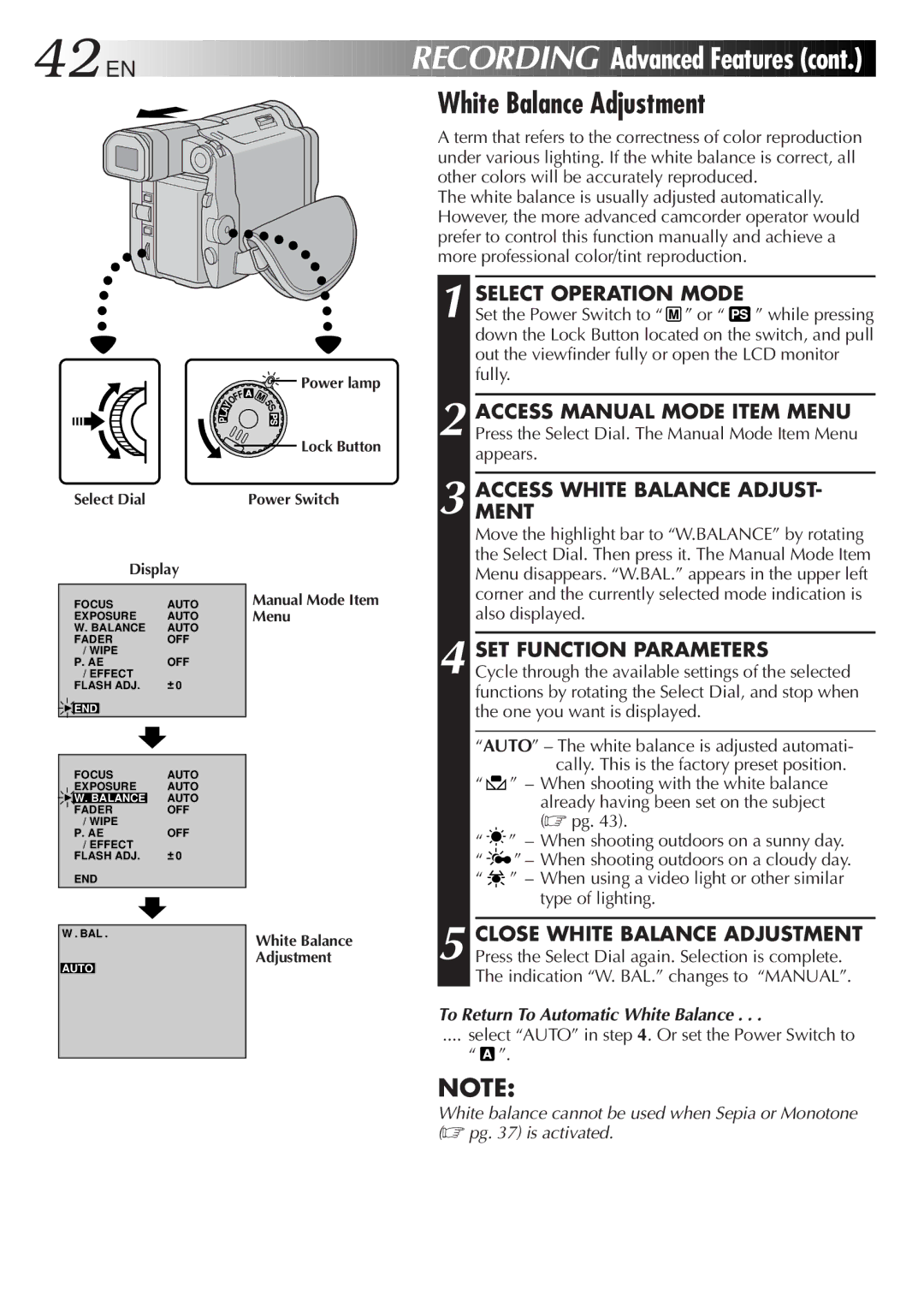 JVC LYT0291-001B manual White Balance Adjustment, Accessment White Balance Adjust, To Return To Automatic White Balance 