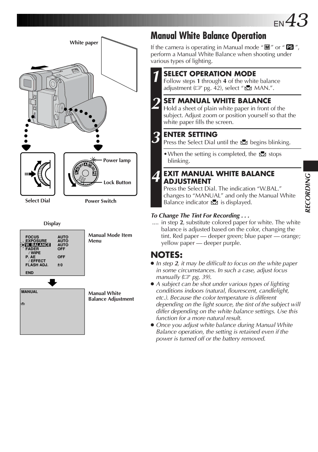 JVC LYT0291-001B manual Manual White Balance Operation, SET Manual White Balance, Enter Setting, Exit Manual White Balance 