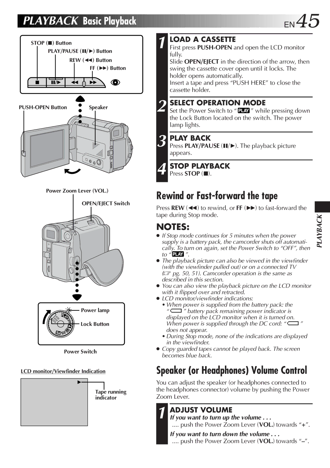 JVC LYT0291-001B manual Playback Basic Playback, Rewind or Fast-forward the tape, Play Back, Stop Playback, Adjust Volume 