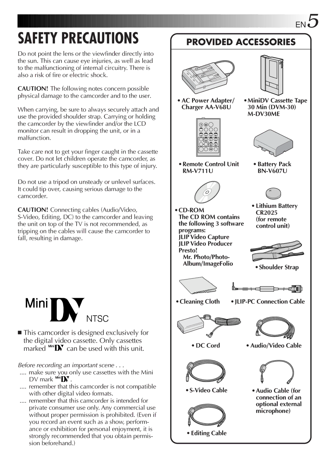 JVC LYT0291-001B manual Min DVM-30, Remote Control Unit RM-V711U, Shoulder Strap, Cleaning Cloth, DC Cord, Microphone 