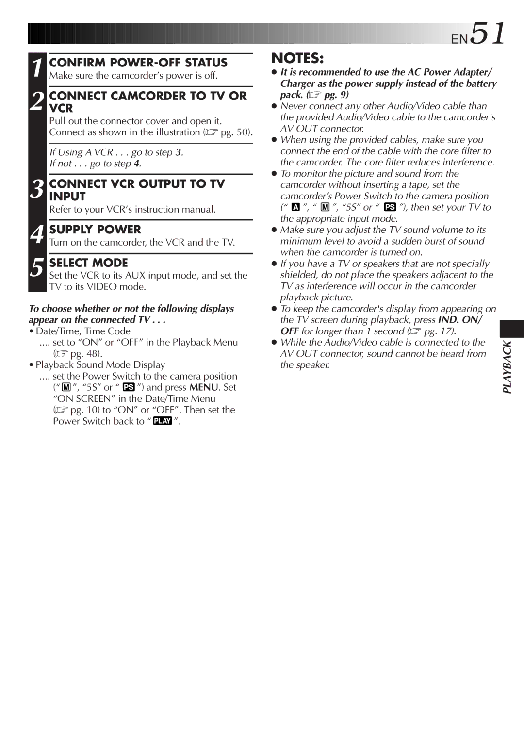 JVC LYT0291-001B Connectvcr Camcorder to TV or, Connectinput VCR Output to TV Supply Power, Power Switch back to, Pack. pg 