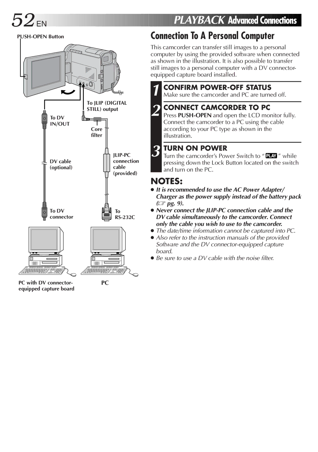 JVC LYT0291-001B manual Connect Camcorder to PC, Turn on Power 