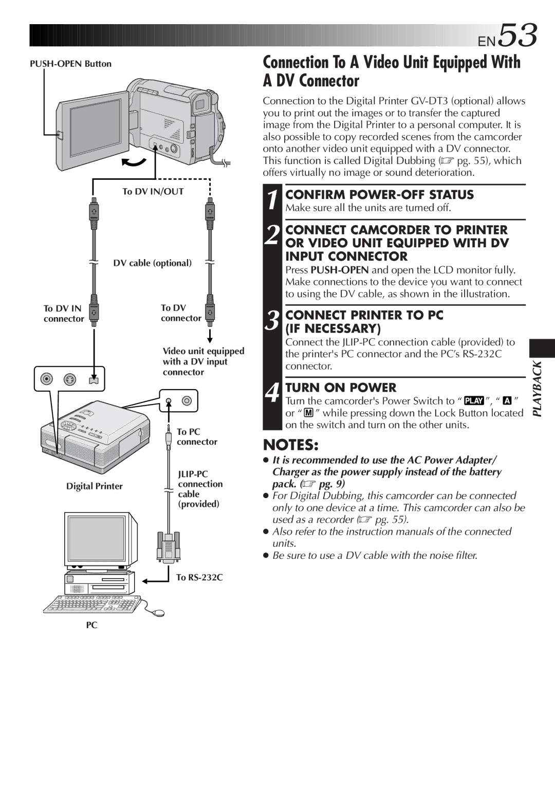 JVC LYT0291-001B manual Connection To a Video Unit Equipped With a DV Connector, Connect Printer to PC if Necessary 