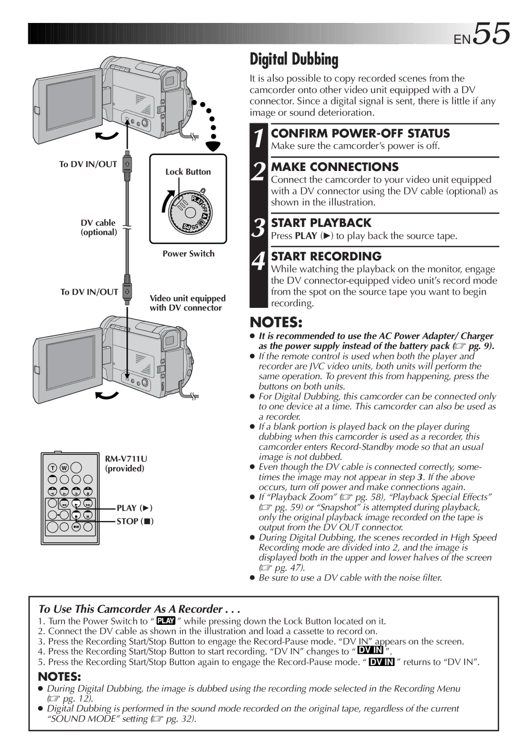 JVC LYT0291-001B manual Digital Dubbing, Make Connections, Start Playback, Press Play 4 to play back the source tape 