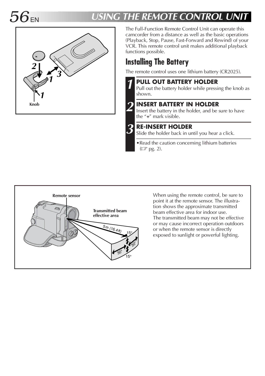 JVC LYT0291-001B manual Installing The Battery, Pull OUT Battery Holder, Insert Battery in Holder, RE-INSERT Holder 