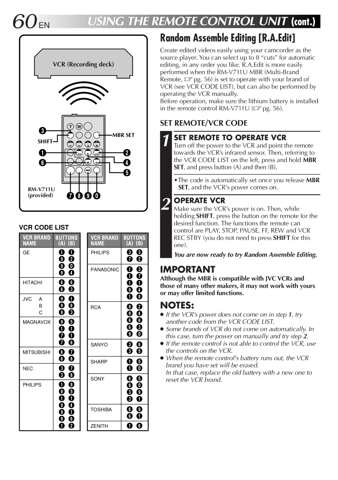 JVC LYT0291-001B manual Random Assemble Editing R.A.Edit, SET REMOTE/VCR Code, SET Remote to Operate VCR 