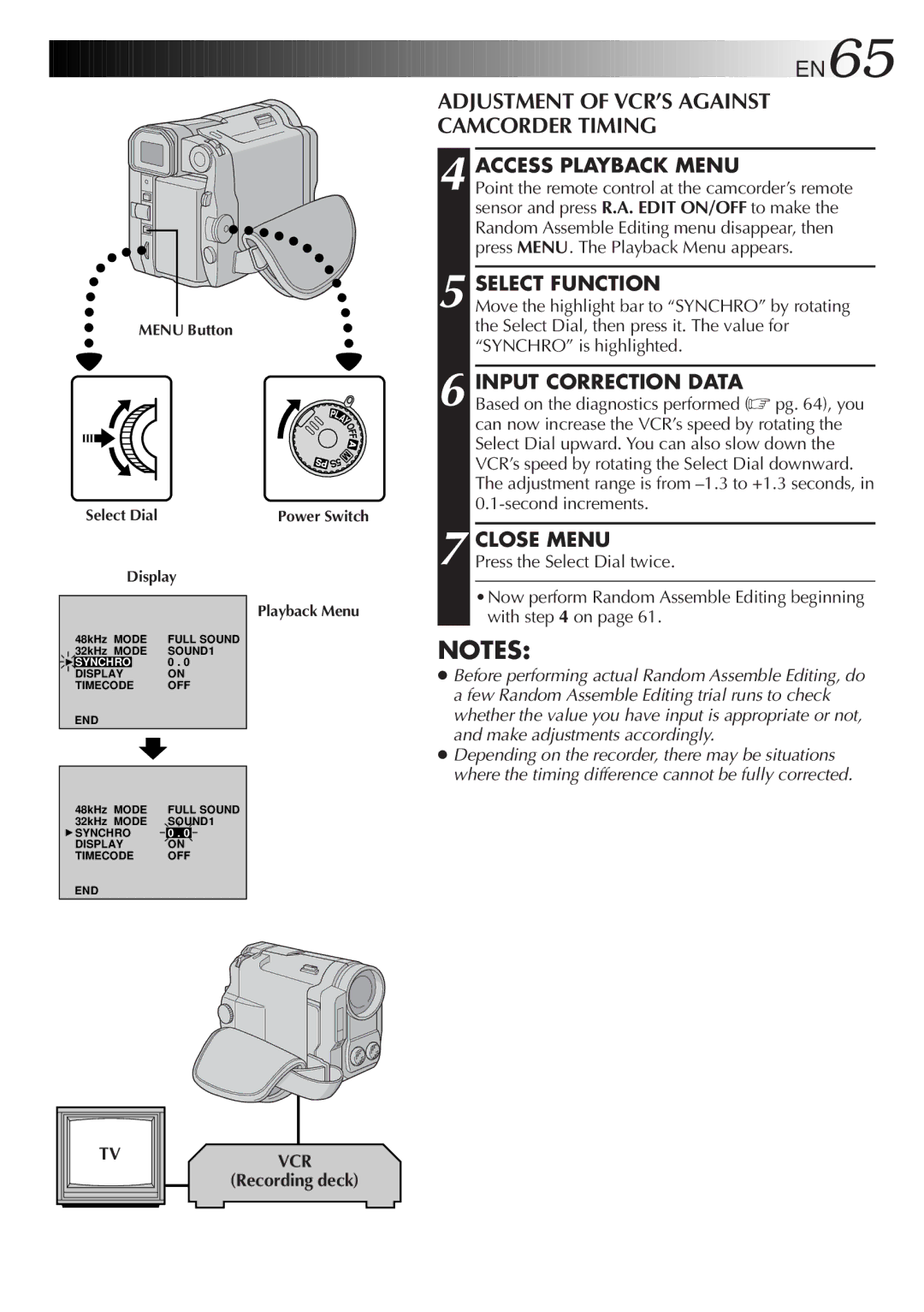 JVC LYT0291-001B manual Adjustment of VCR’S Against Camcorder Timing, Access Playback Menu, Input Correction Data 