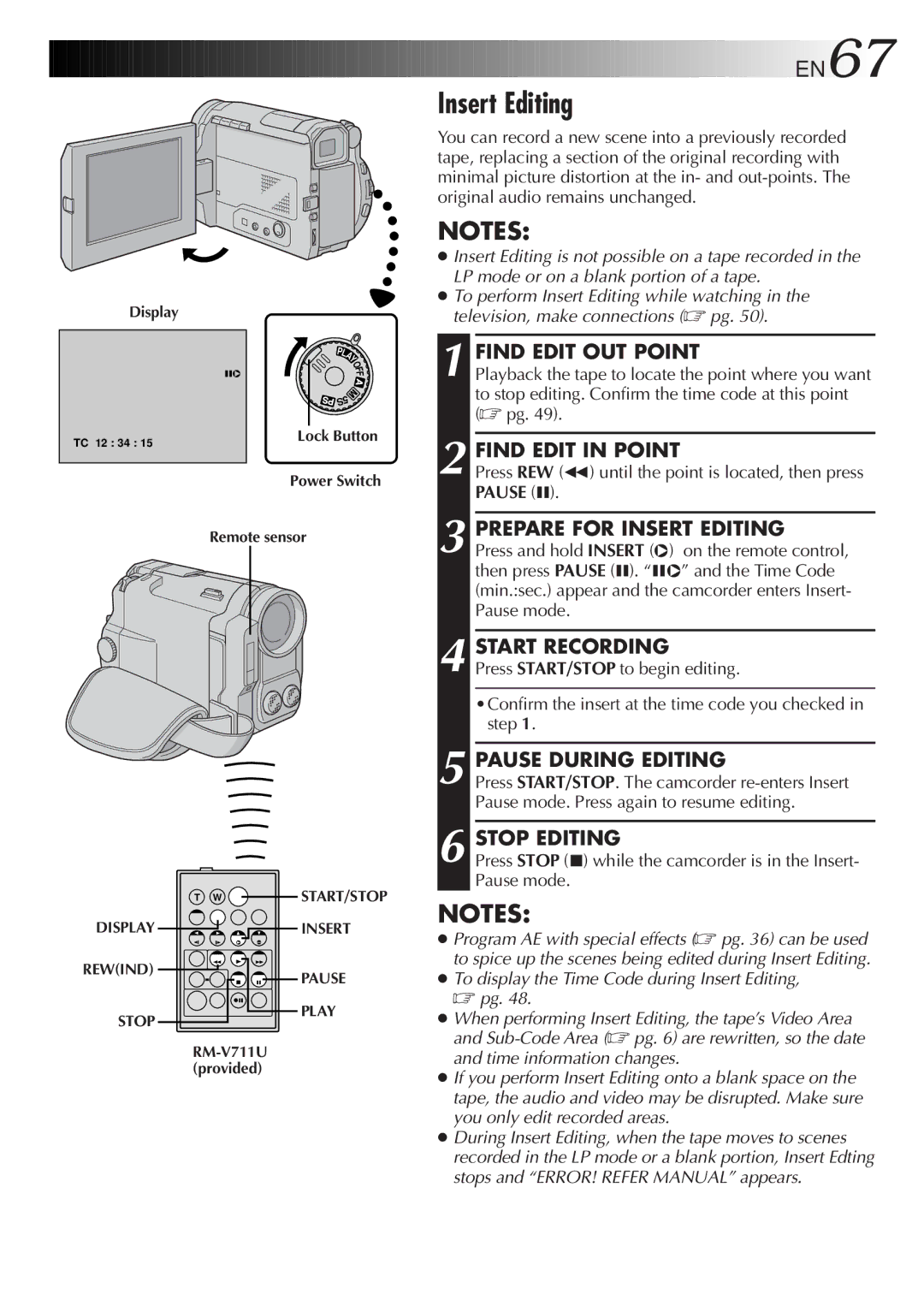 JVC LYT0291-001B manual Find Edit OUT Point, Find Edit in Point, Prepare for Insert Editing, Pause During Editing 