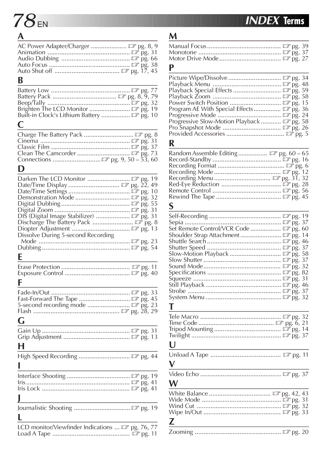 JVC LYT0291-001B Pg , 9, Pg , 50, Date/Time Display, Gain Up, Monotone Motor Drive Mode, Playback Menu, Playback Zoom 