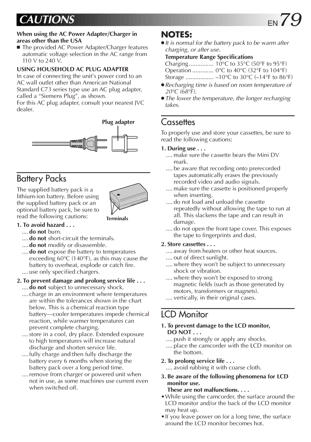 JVC LYT0291-001B manual Plug adapter, To avoid hazard, Temperature Range Specifications, During use, Store cassettes 