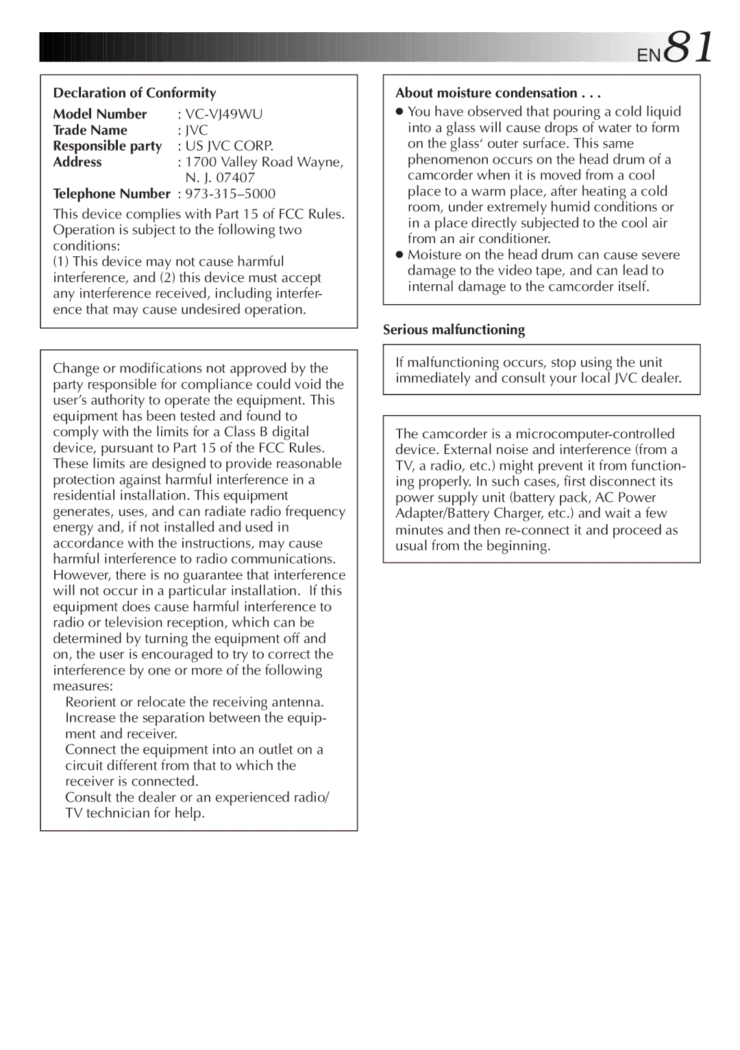 JVC LYT0291-001B Declaration of Conformity Model Number, Trade Name, Address, Telephone Number, Serious malfunctioning 