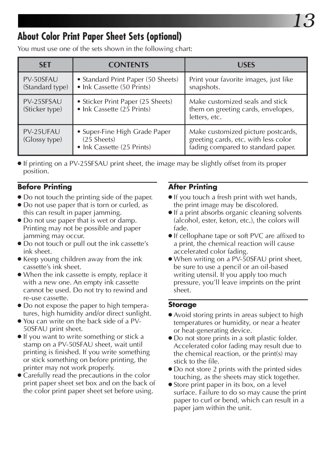 JVC 0199MNV*UN*SW, LYT0315-001A manual About Color Print Paper Sheet Sets optional, SET Contents Uses 