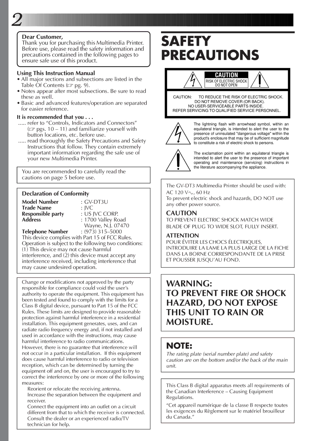 JVC LYT0315-001A, 0199MNV*UN*SW manual Safety Precautions 