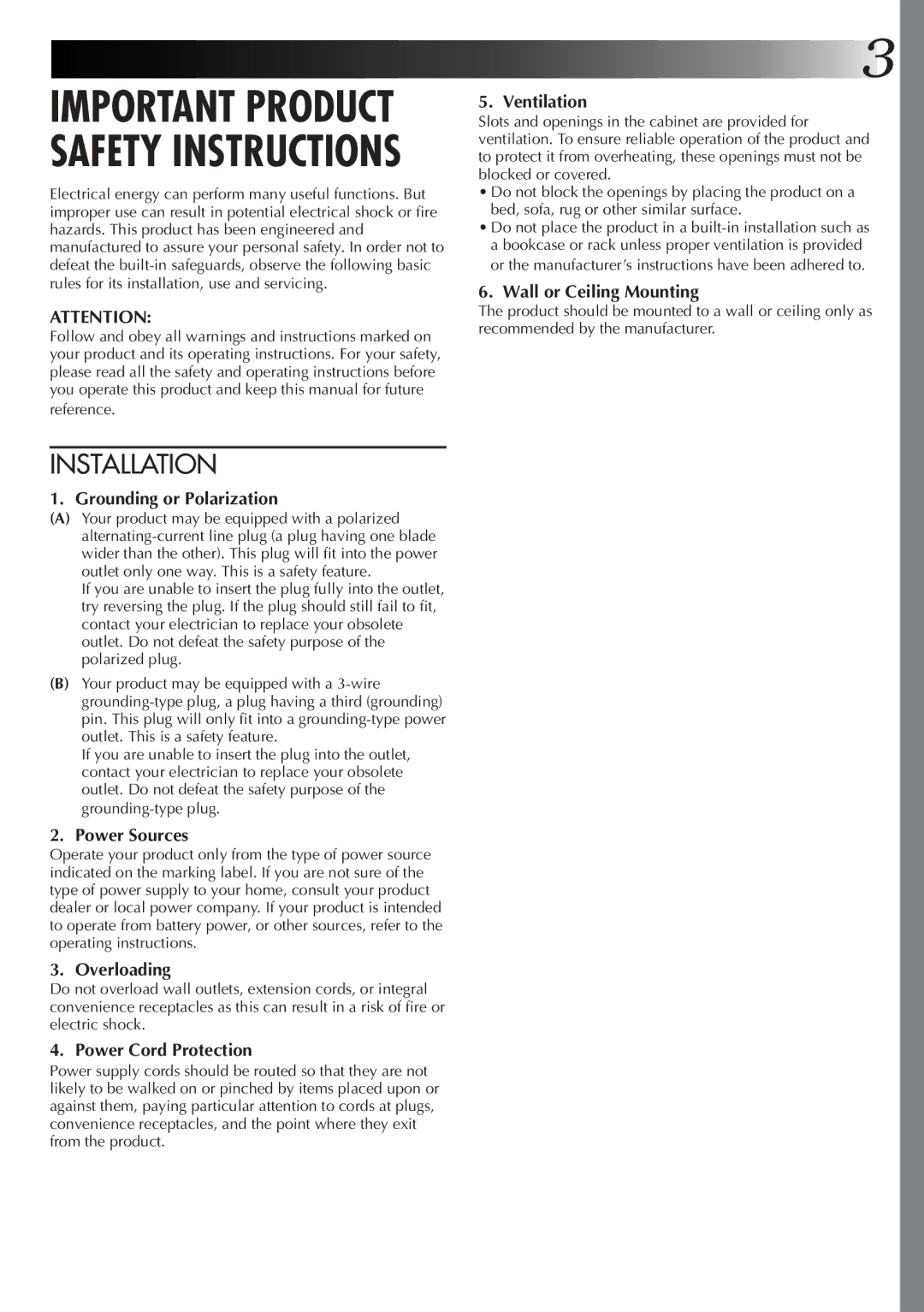 JVC 0199MNV*UN*SW, LYT0315-001A manual Important Product Safety Instructions 