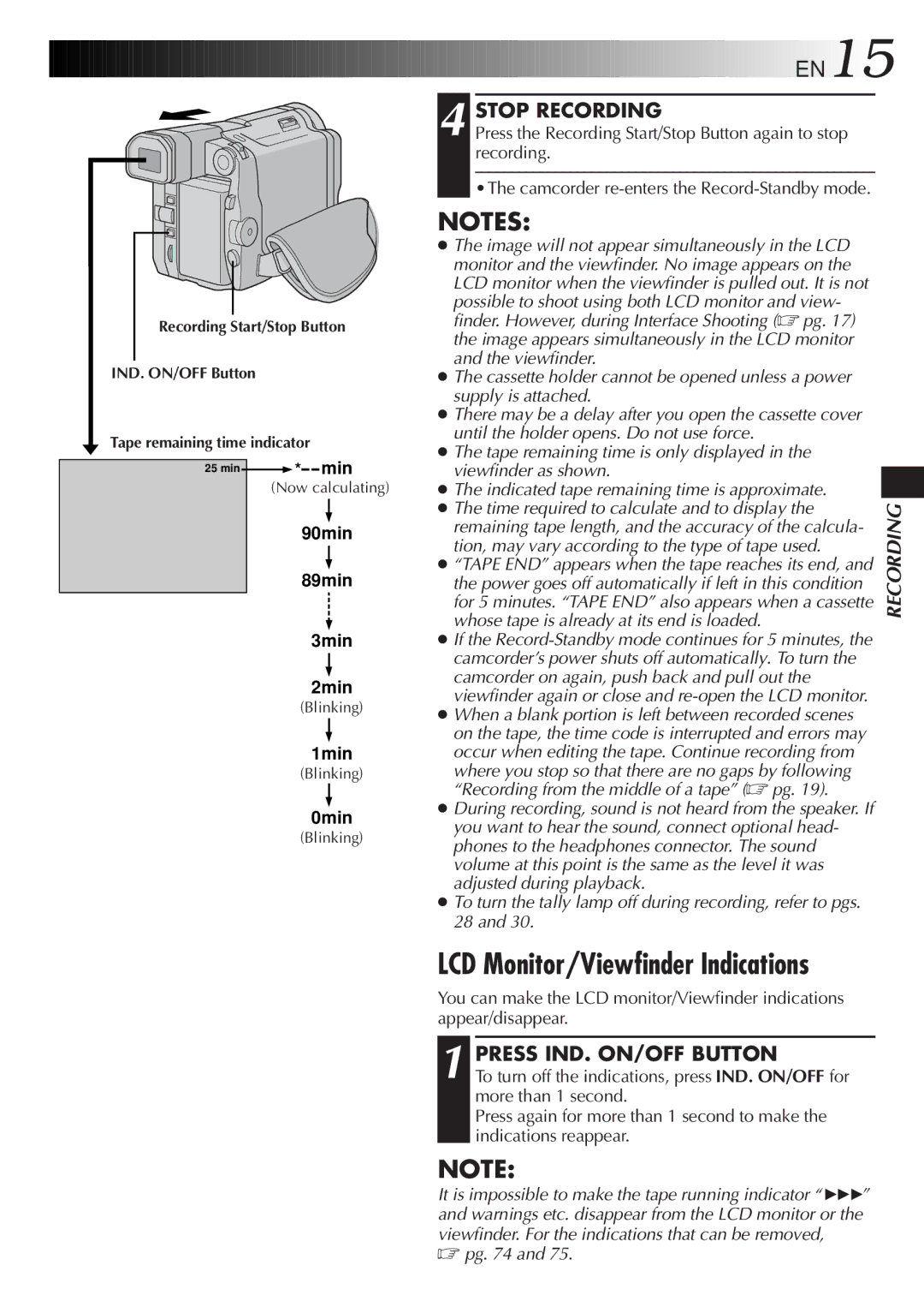 JVC LYT0329-001B manual Stop Recording, Press IND. ON/OFF Button 