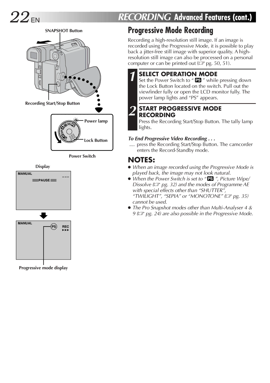 JVC LYT0329-001B Recording Advanced Features, Start Progressive Mode Recording, To End Progressive Video Recording 