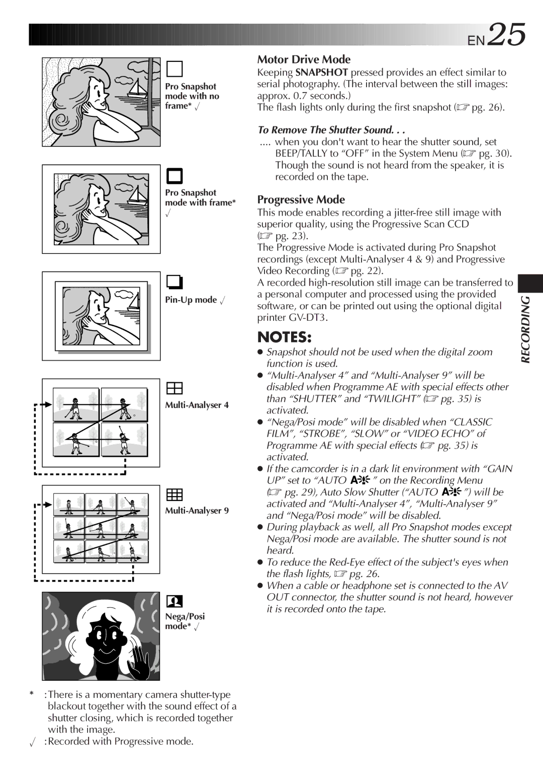 JVC LYT0329-001B manual Motor Drive Mode, Progressive Mode, To Remove The Shutter Sound 