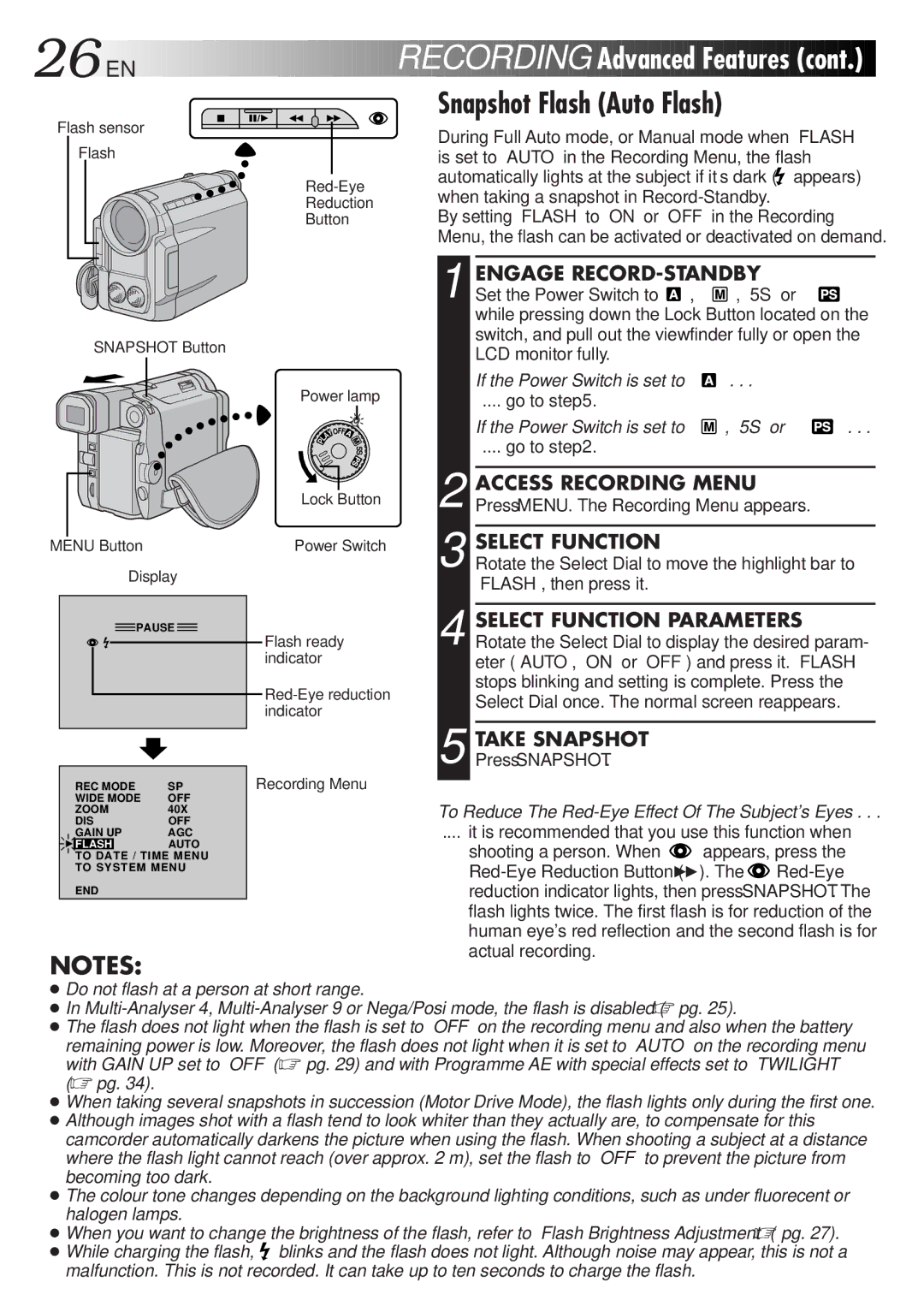 JVC LYT0329-001B manual Snapshot Flash Auto Flash, Engage RECORD-STANDBY, Take Snapshot, If the Power Switch is set to 