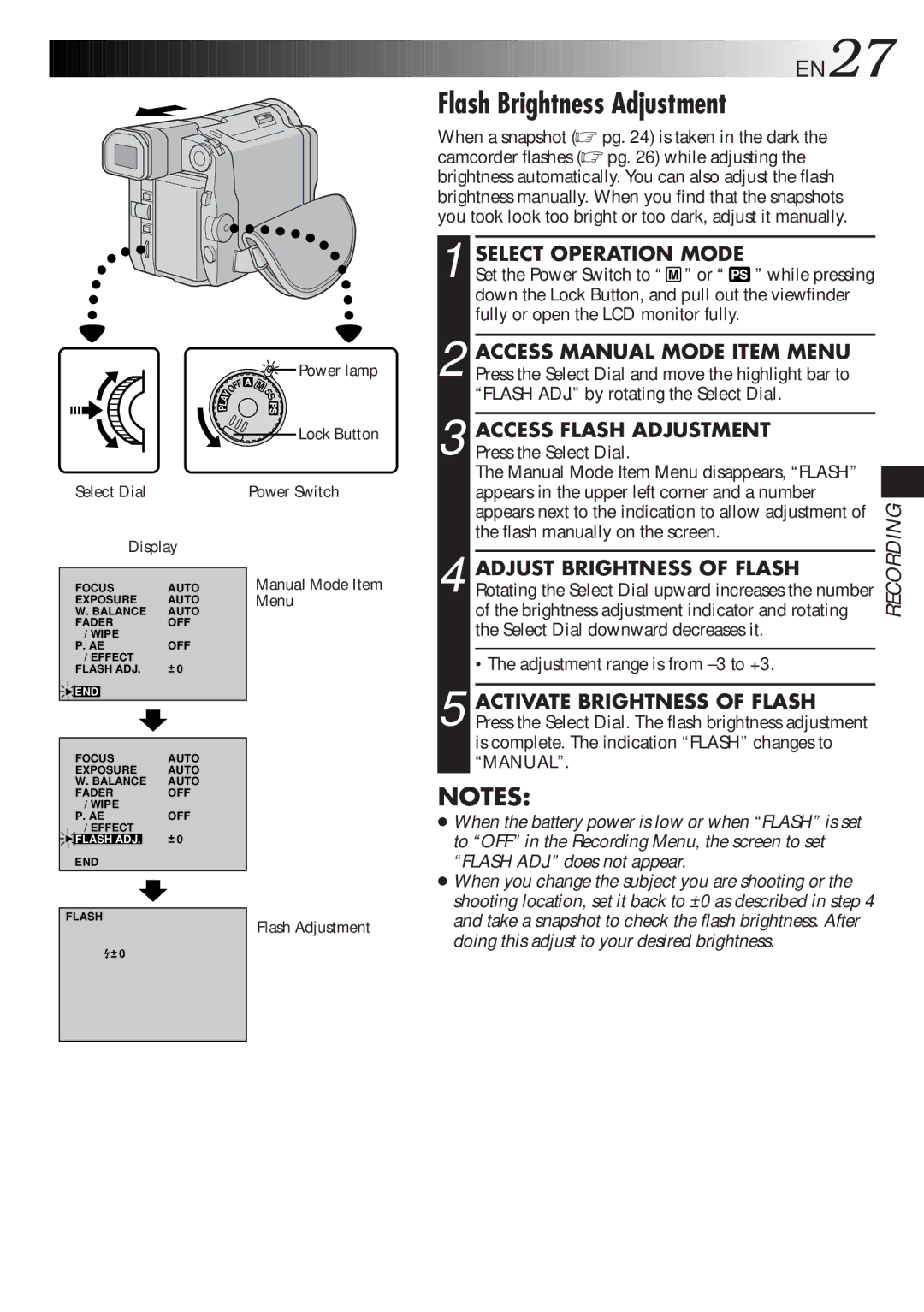 JVC LYT0329-001B manual Flash Brightness Adjustment, Access Manual Mode Item Menu, Access Flash Adjustment 