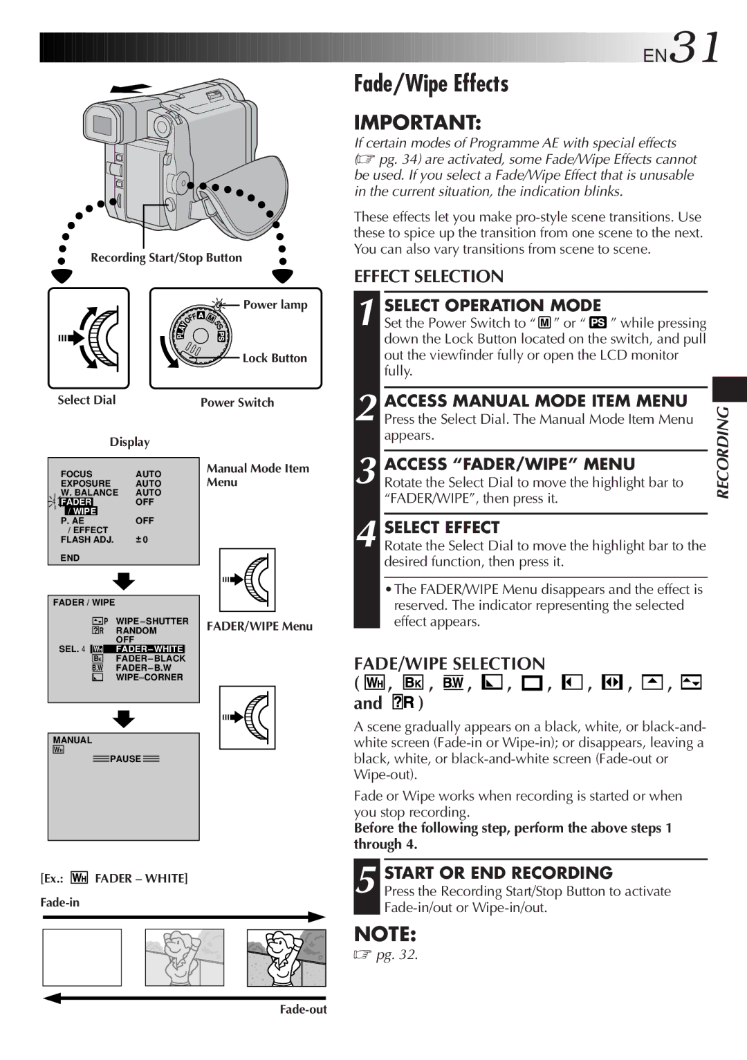 JVC LYT0329-001B manual Fade/Wipe Effects, Effect Selection, FADE/WIPE Selection 