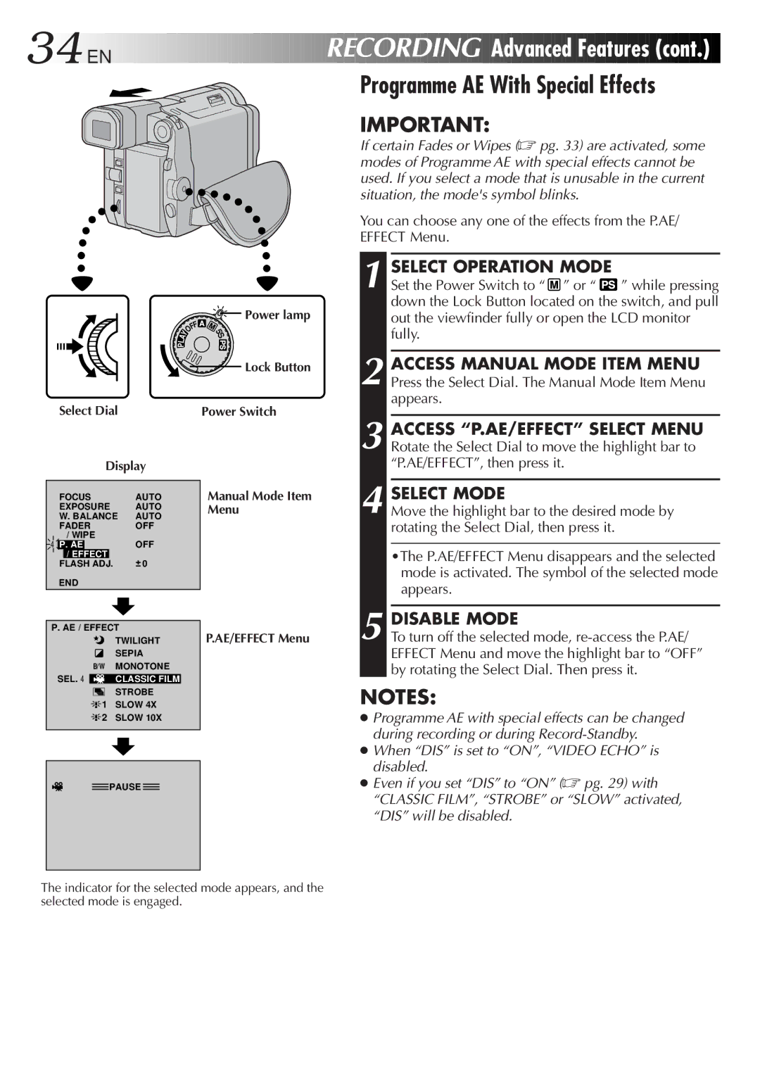 JVC LYT0329-001B manual Programme AE With Special Effects, Select Mode, Disable Mode, Manual Mode Item Menu AE/EFFECT Menu 