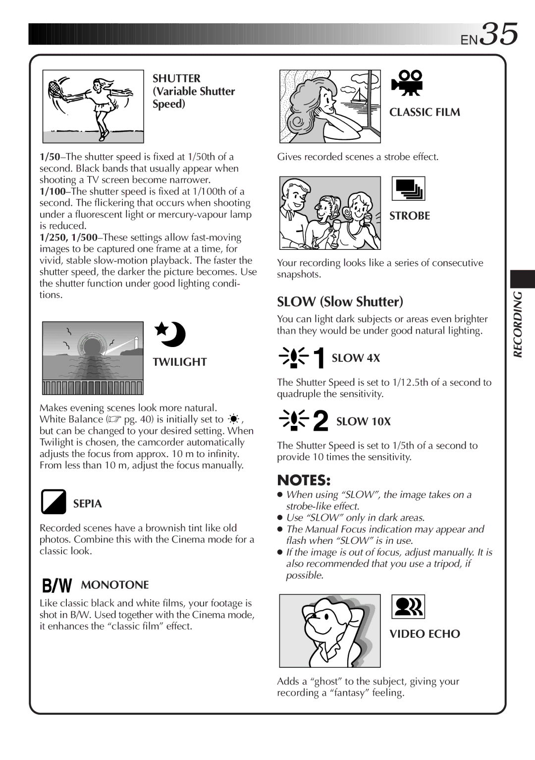 JVC LYT0329-001B manual Shutter, Classic Film, Twilight, Strobe, Slow, Sepia, Monotone, Video Echo 