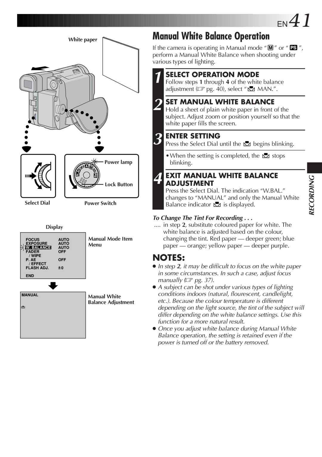 JVC LYT0329-001B manual Manual White Balance Operation, SET Manual White Balance, Enter Setting, Exit Manual White Balance 