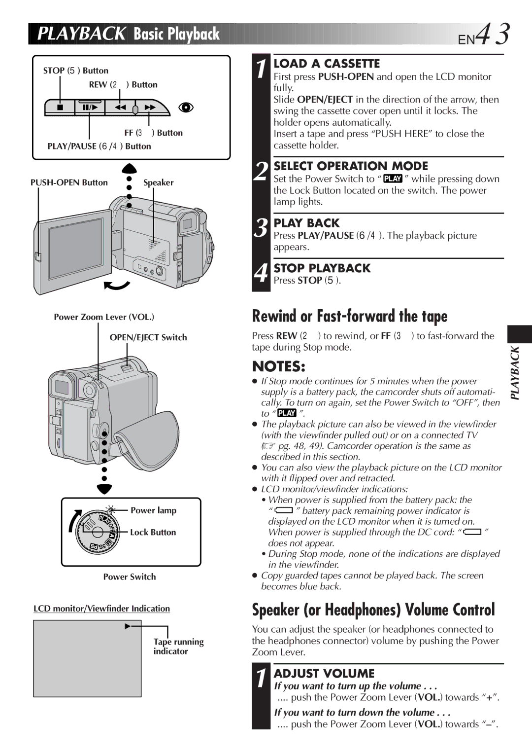 JVC LYT0329-001B manual Playback Basic Playback, Rewind or Fast-forward the tape, Play Back, Stop Playback, Adjust Volume 