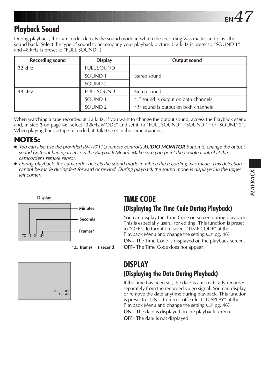 JVC LYT0329-001B manual Playback Sound, Displaying The Time Code During Playback, Recording sound Display Output sound 