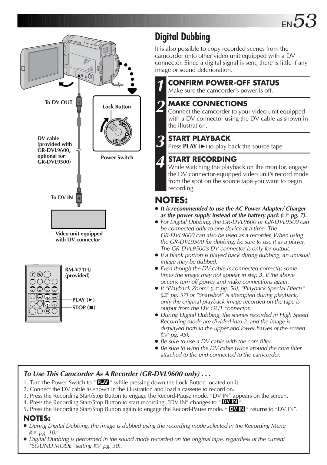 JVC LYT0329-001B manual Digital Dubbing, Make Connections, Start Playback, Press Play 4 to play back the source tape 