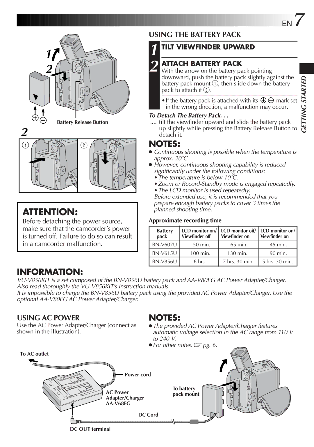 JVC LYT0329-001B manual Using the Battery Pack, Using AC Power, Tilt Viewfinder Upward, Attach Battery Pack 