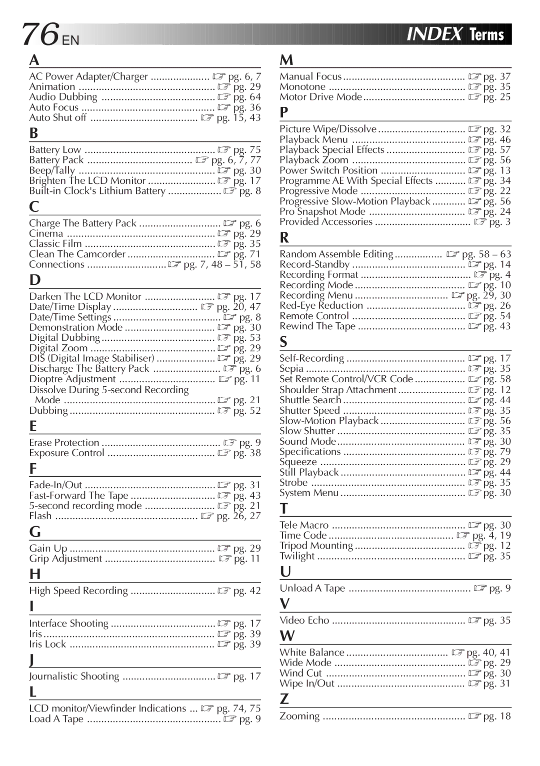 JVC LYT0329-001B Pg , 7, Pg , 48, Date/Time Display, Gain Up, Monotone Motor Drive Mode, Playback Menu, Playback Zoom 