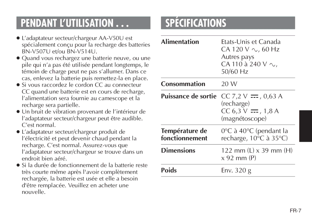 JVC AA V50U, LYT0388-001A manual Spécifications, Pendant L’UTILISATION 