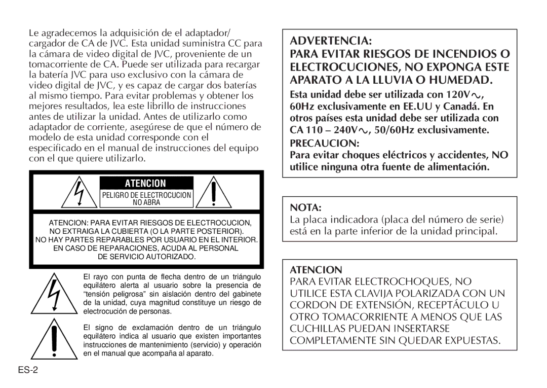 JVC LYT0388-001A, AA V50U manual Precaucion, Nota, Atencion 