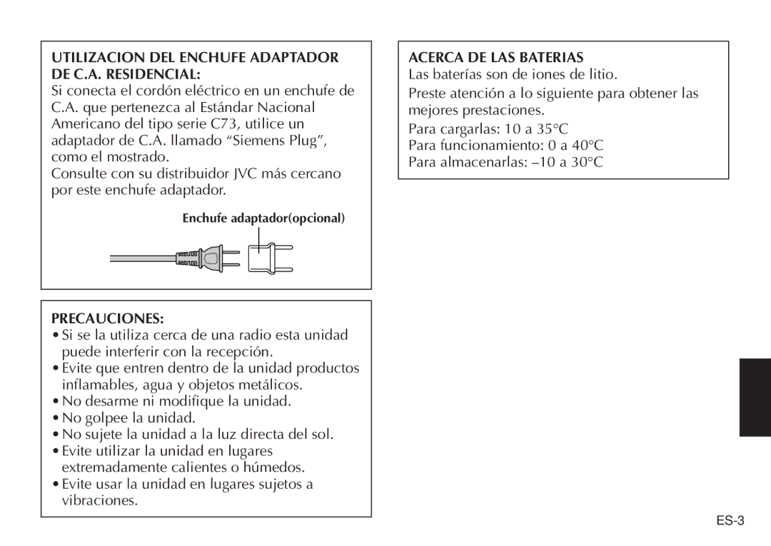 JVC AA V50U, LYT0388-001A manual Utilizacion DEL Enchufe Adaptador DE C.A. Residencial, Precauciones, Acerca DE LAS Baterias 