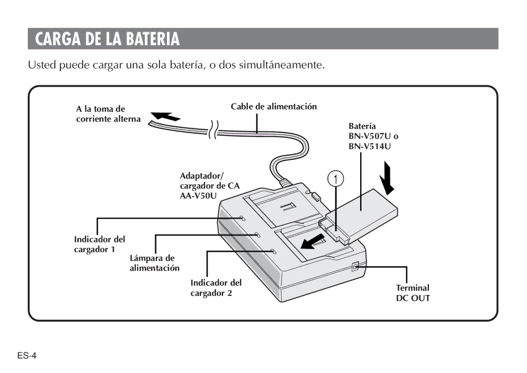 JVC LYT0388-001A, AA V50U manual Carga DE LA Bateria, Usted puede cargar una sola batería, o dos simultáneamente 