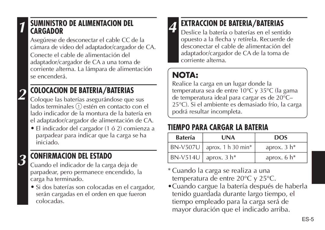 JVC AA V50U, LYT0388-001A manual Nota, Tiempo Para Cargar LA Bateria, Una Dos 