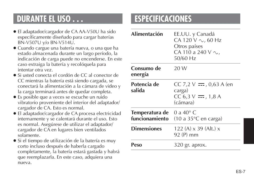 JVC AA V50U, LYT0388-001A manual Durante EL USO, Especificaciones 