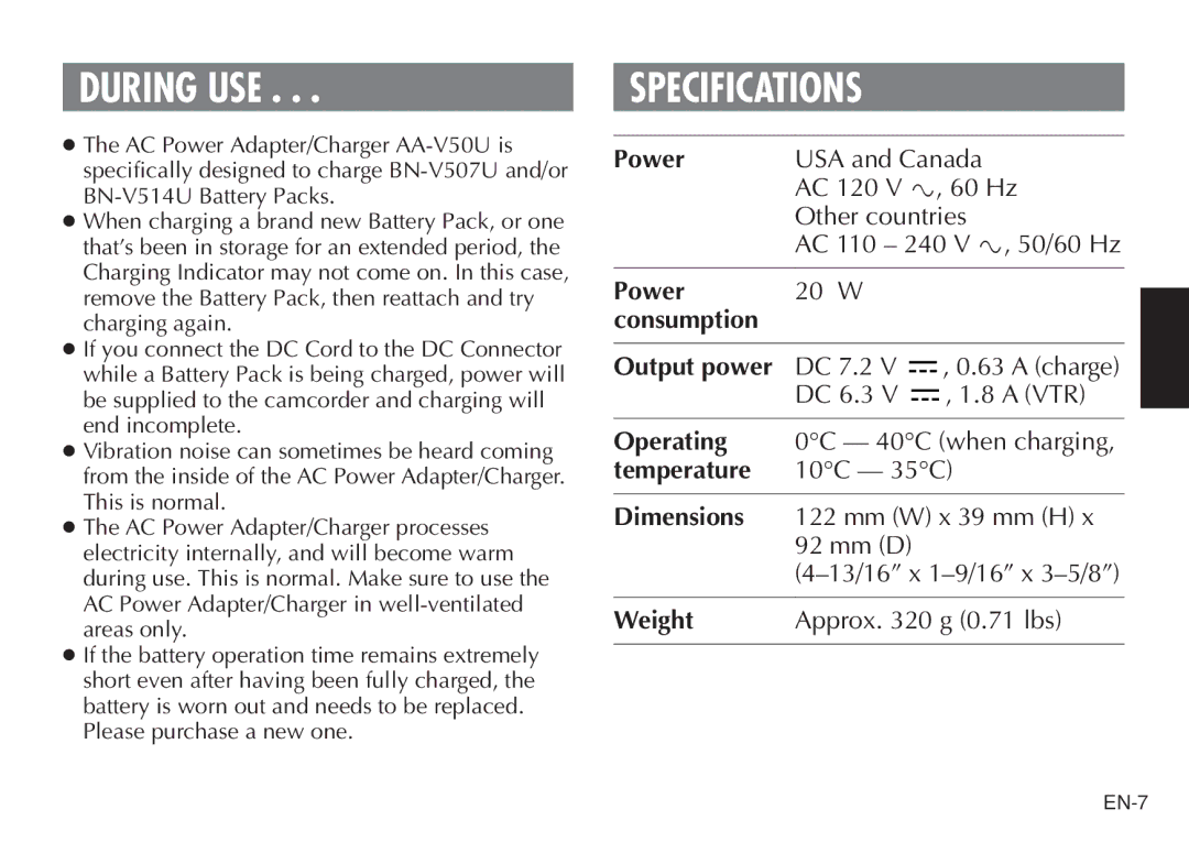 JVC AA V50U, LYT0388-001A manual During USE, Specifications 