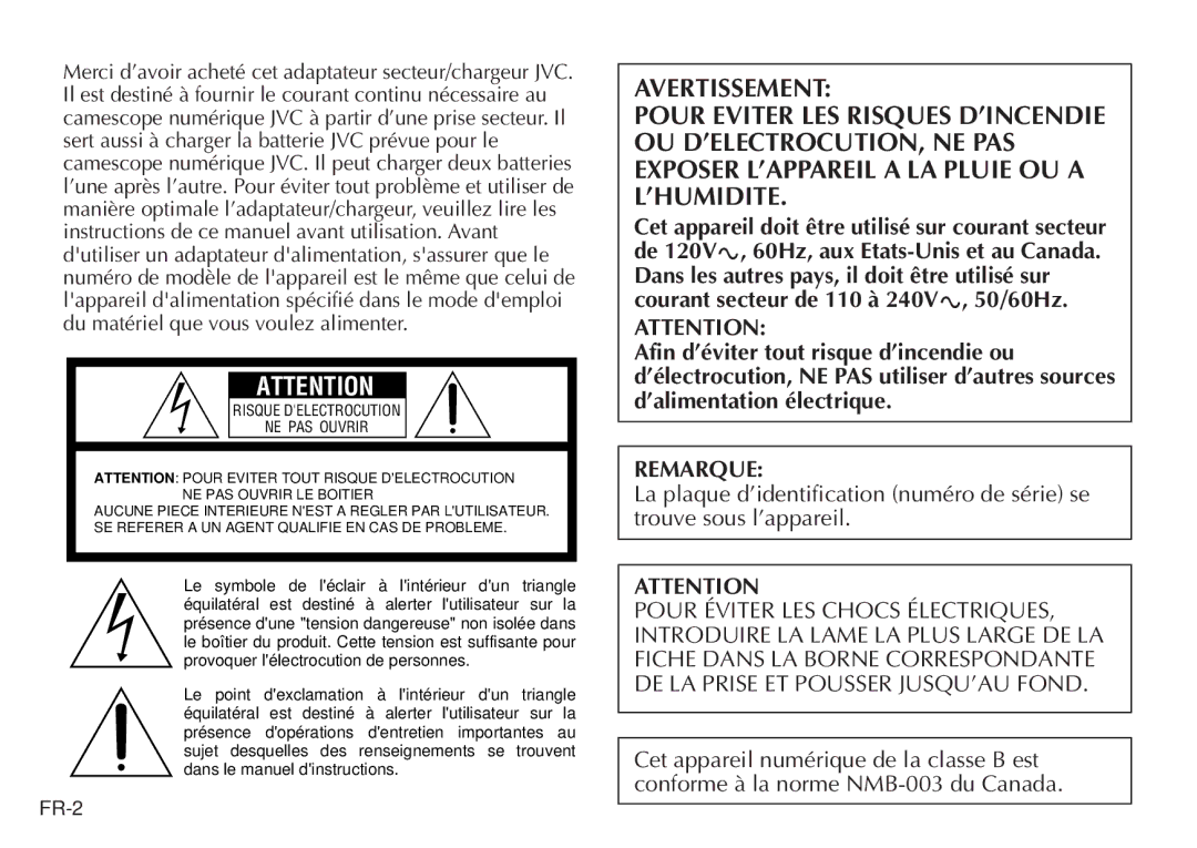 JVC LYT0388-001A, AA V50U manual Remarque, Risque Delectrocution NE PAS Ouvrir 