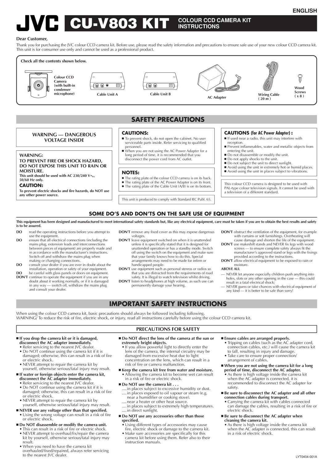 JVC CU-V803 KIT, LYT0404-001A important safety instructions Safety Precautions, Important Safety Instructions 