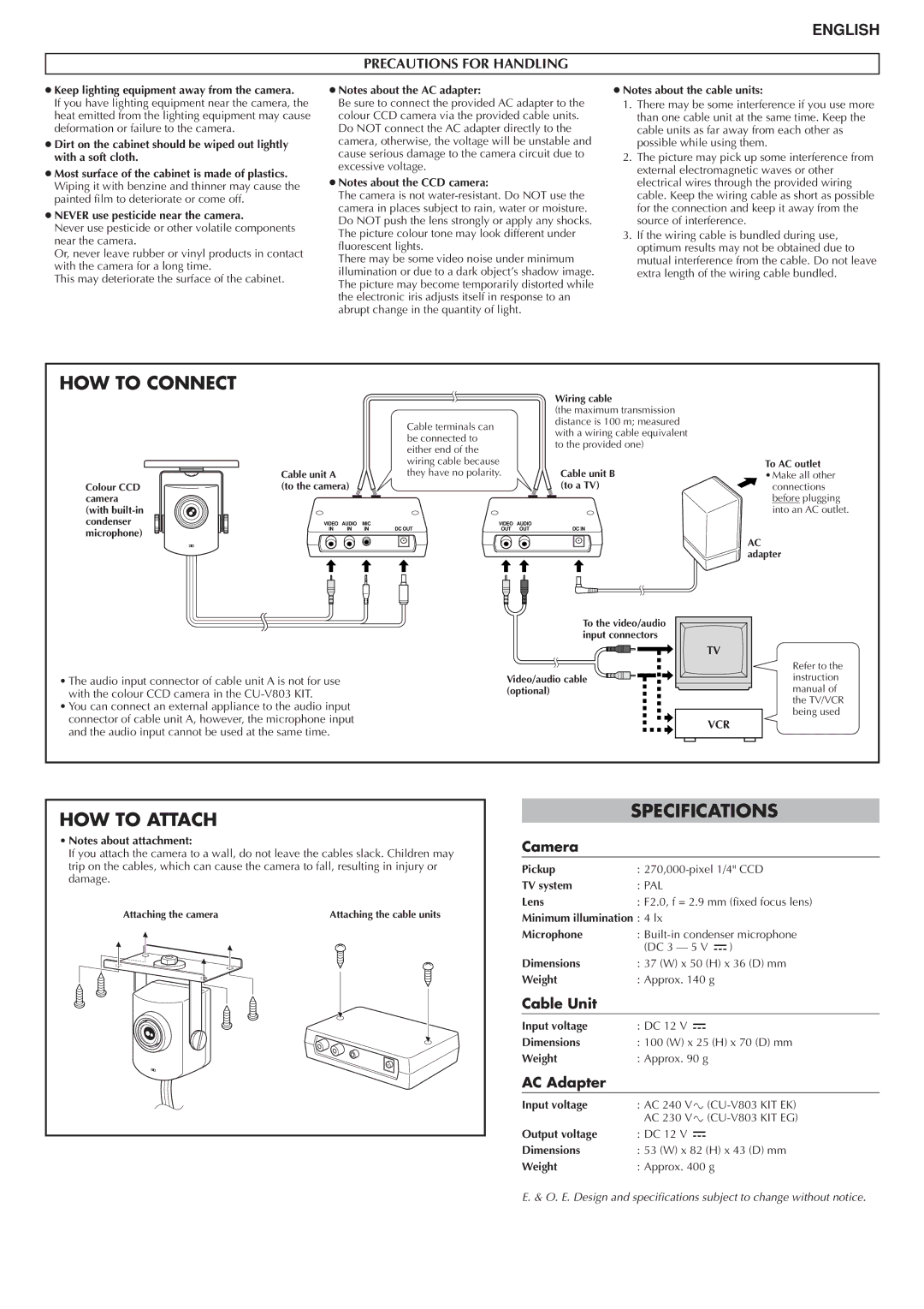 JVC LYT0404-001A, CU-V803 KIT HOW to Connect, HOW to Attach, Specifications, Precautions for Handling 