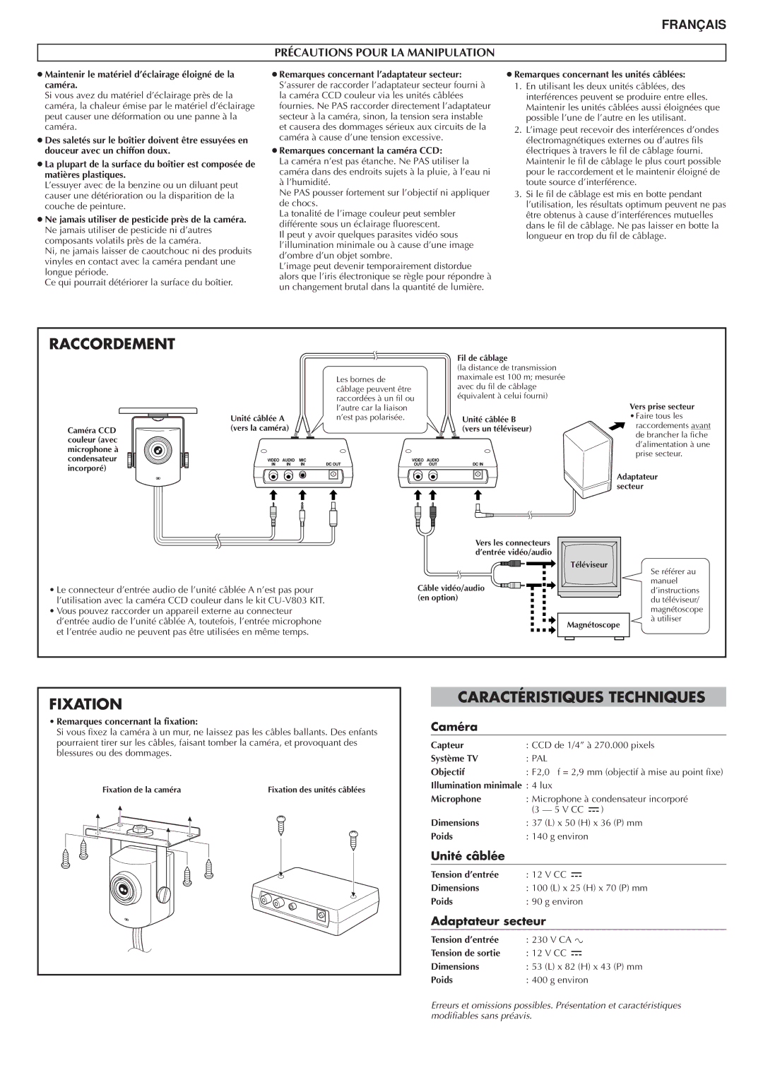 JVC LYT0404-001A, CU-V803 KIT Raccordement, Fixation, Caractéristiques Techniques, Précautions Pour LA Manipulation 