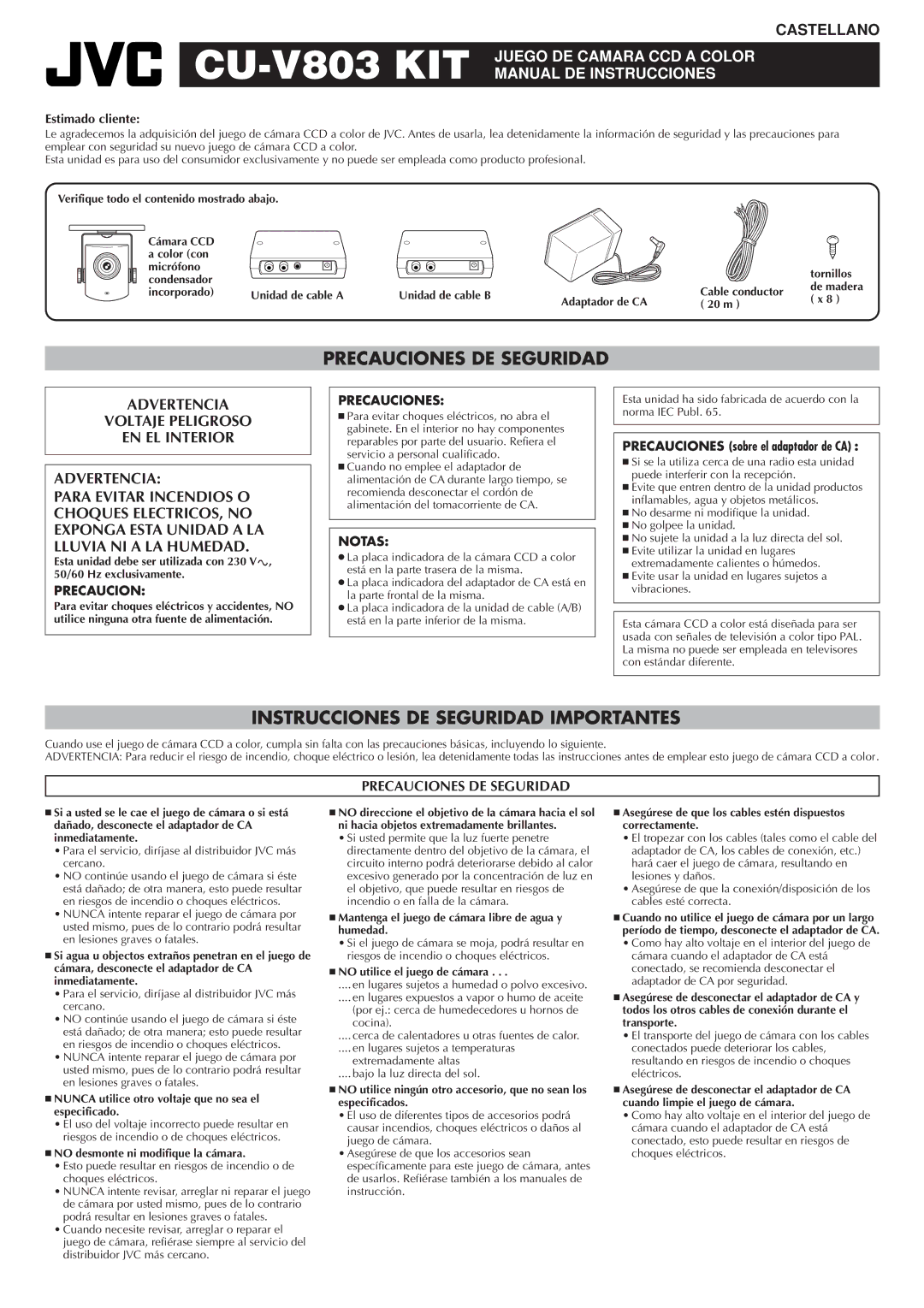 JVC CU-V803 KIT Precauciones DE Seguridad, Instrucciones DE Seguridad Importantes, Juego DE Camara CCD a Color 