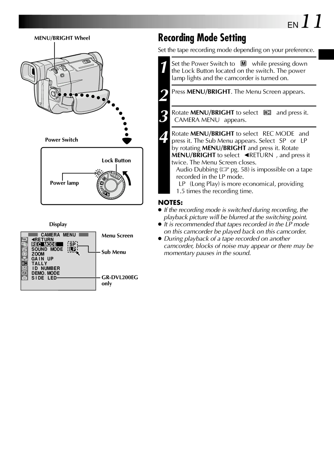 JVC LYT0583-001A specifications Recording Mode Setting, EN11, Set the tape recording mode depending on your preference 