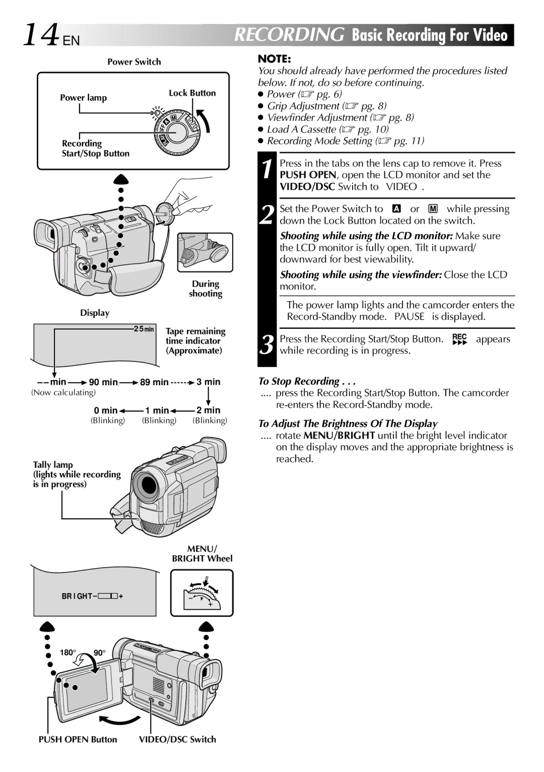 JVC LYT0583-001A 14 EN, While recording is in progress, To Stop Recording, To Adjust The Brightness Of The Display 