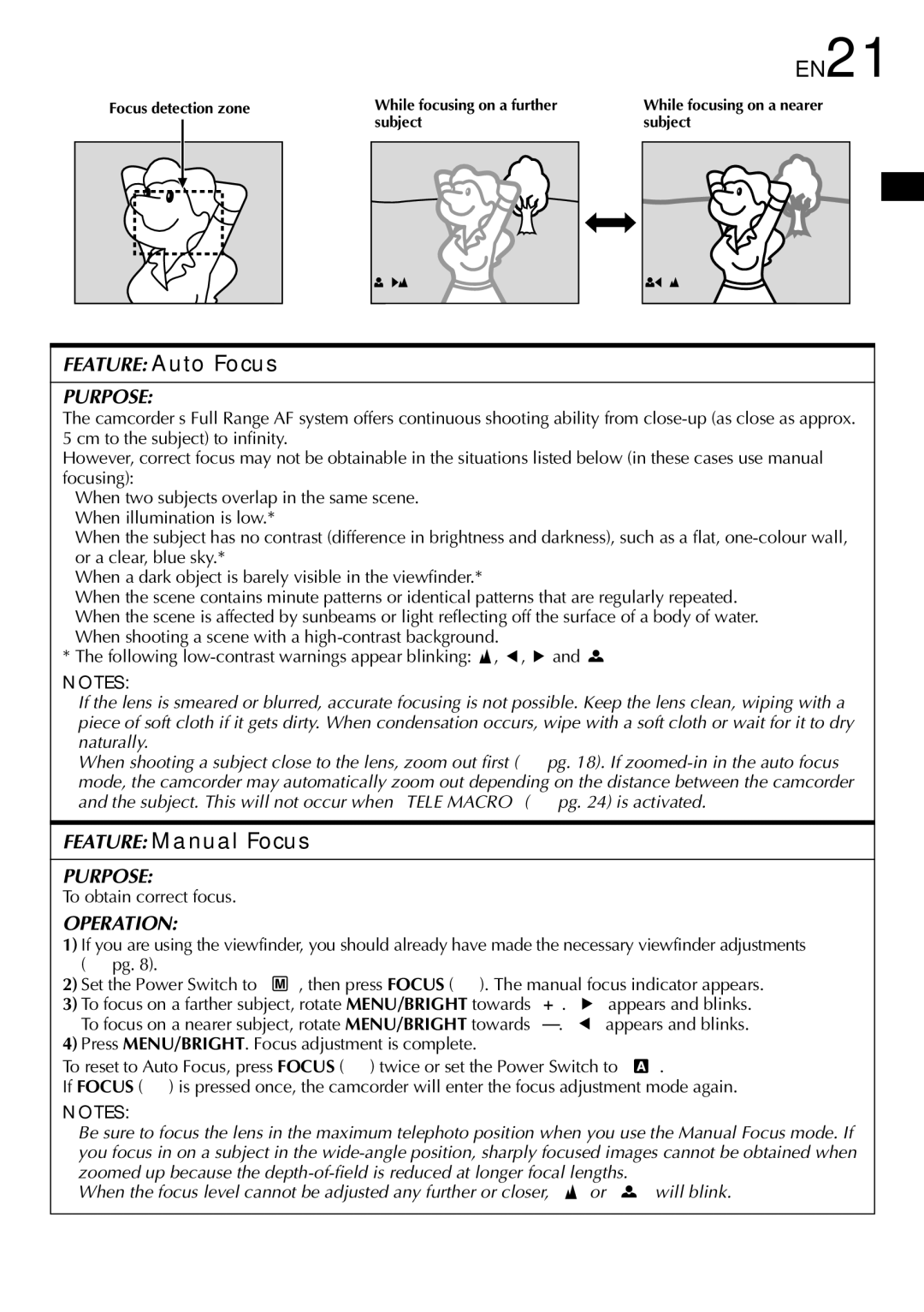 JVC LYT0583-001A specifications EN21, Feature Auto Focus, Feature Manual Focus, To obtain correct focus 